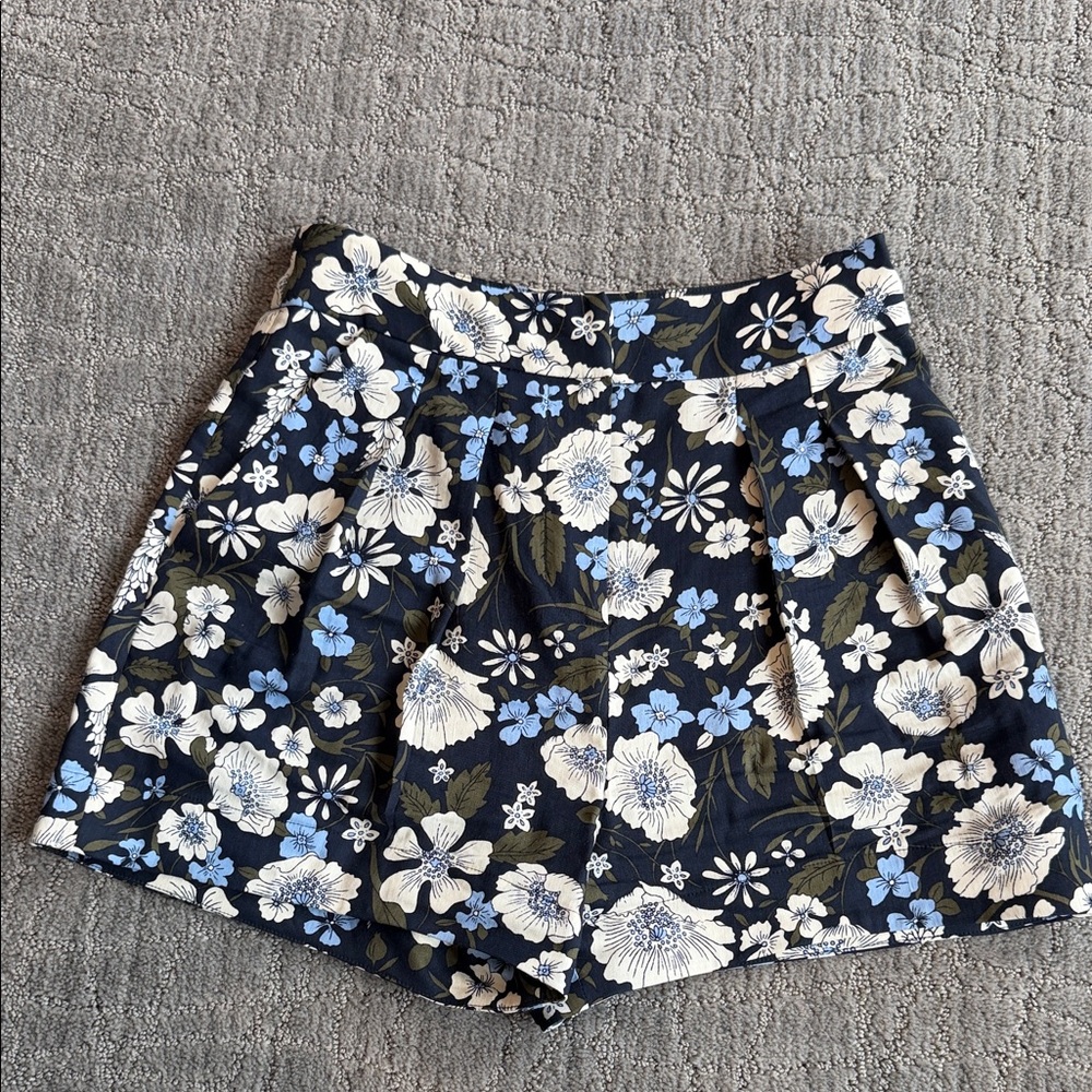 Veronica Beard Floral High-Waist Shorts — Navy, White & Light Blue